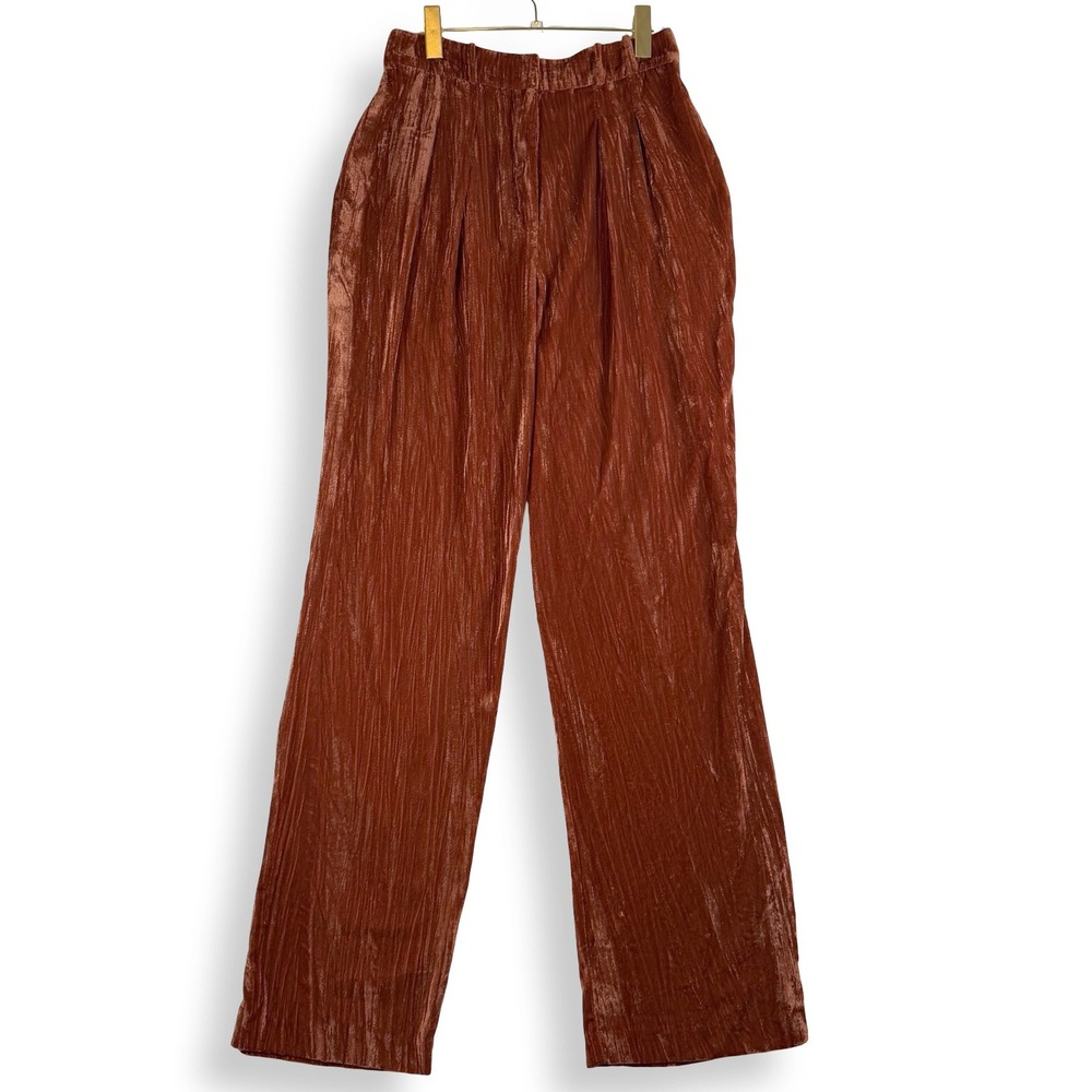 WAYF Rust Orange Crushed Velvet Pleated Wide Leg Pants Women's Small Fall Party